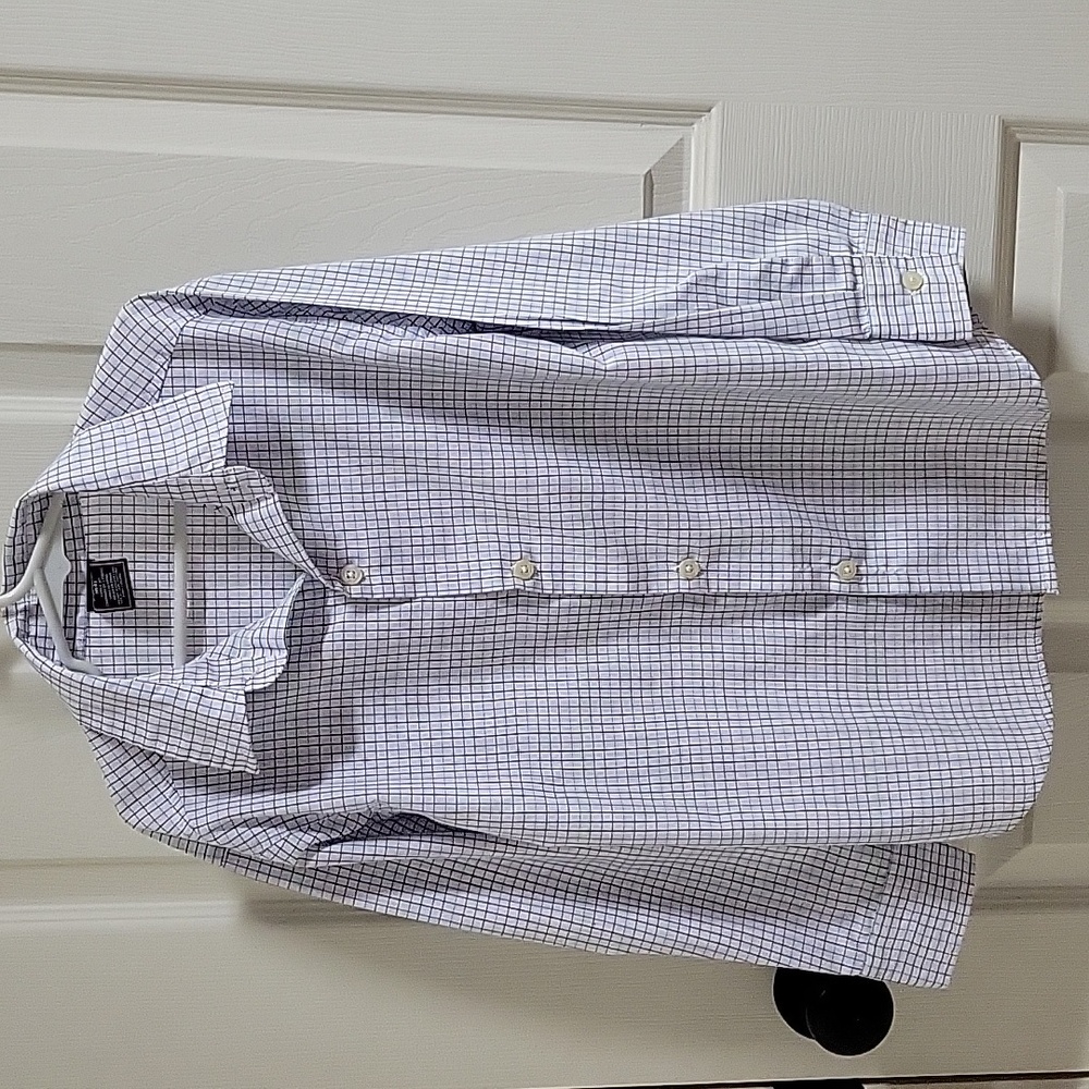 Izod Boys White Button-Down Shirt with Navy Grid